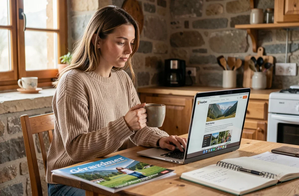 Jeune femme réservant un photographe à Gérardmer en ligne depuis un appartement de montagne avant la haute saison estivale