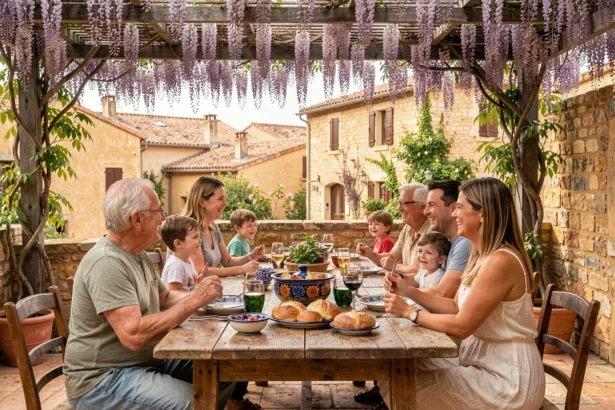 Famille attablée sur une terrasse provençale fleurie, parents et enfants profitant d'un repas convivial dans un restaurant adapté aux enfants en Provence-Alpes-Côte d'Azur