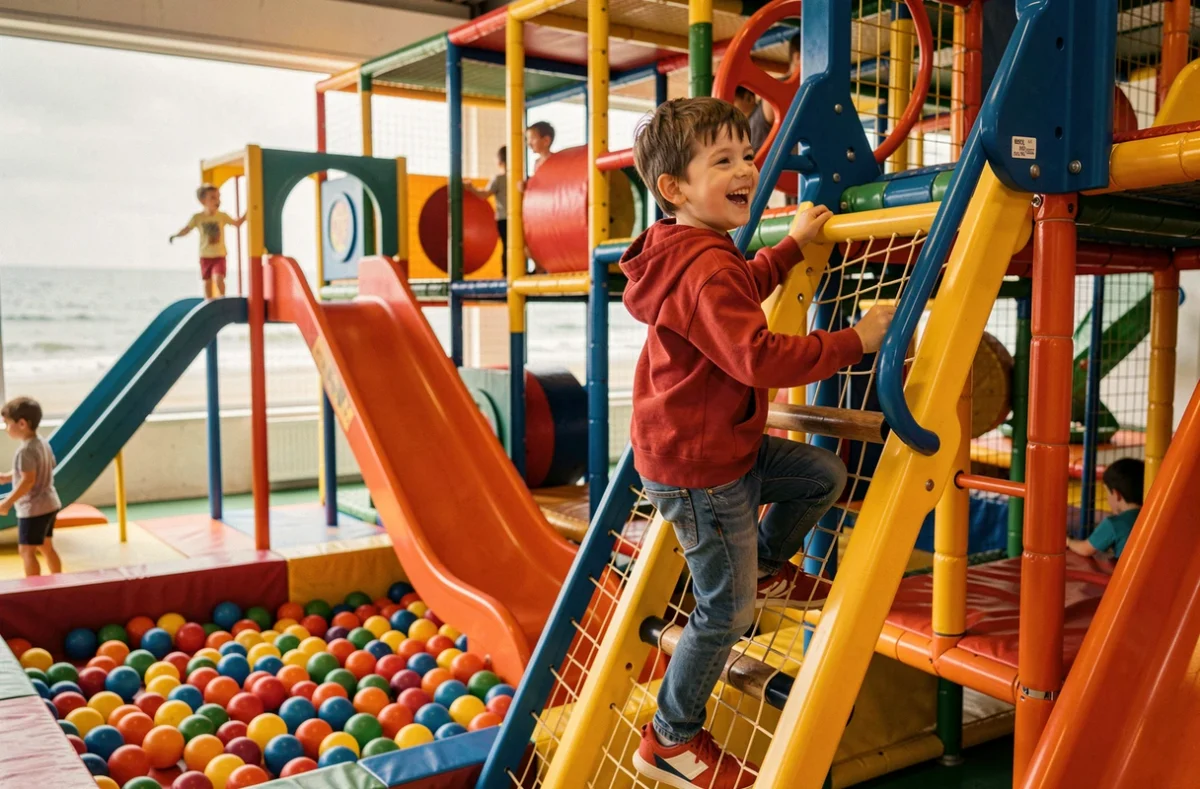 Enfant grimpant une structure de jeux colorée à Royal Kids Saint-Brevin-les-Pins