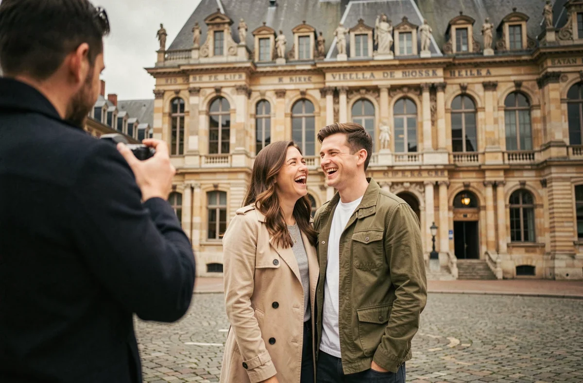 Couple se faisant photographier devant la Vieille Bourse à Lille lors d'une séance photo professionnelle
