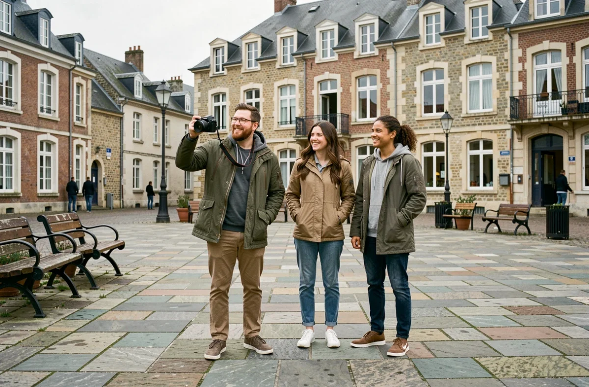 Séance photo en plein air sur une place publique de Creil avec un photographe et ses clients