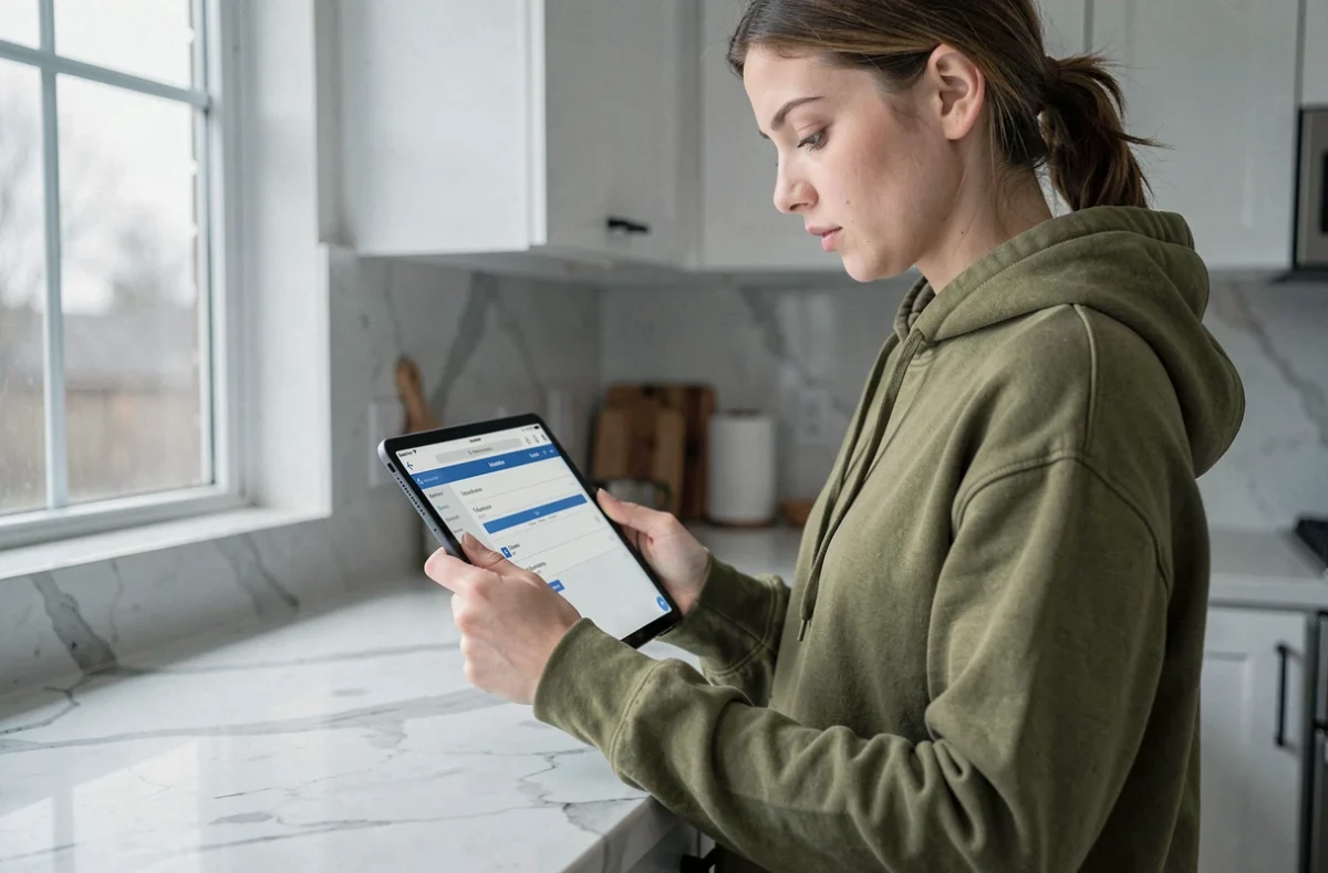 Jeune femme sécurisant son compte educcartable depuis une tablette numérique dans un environnement domestique