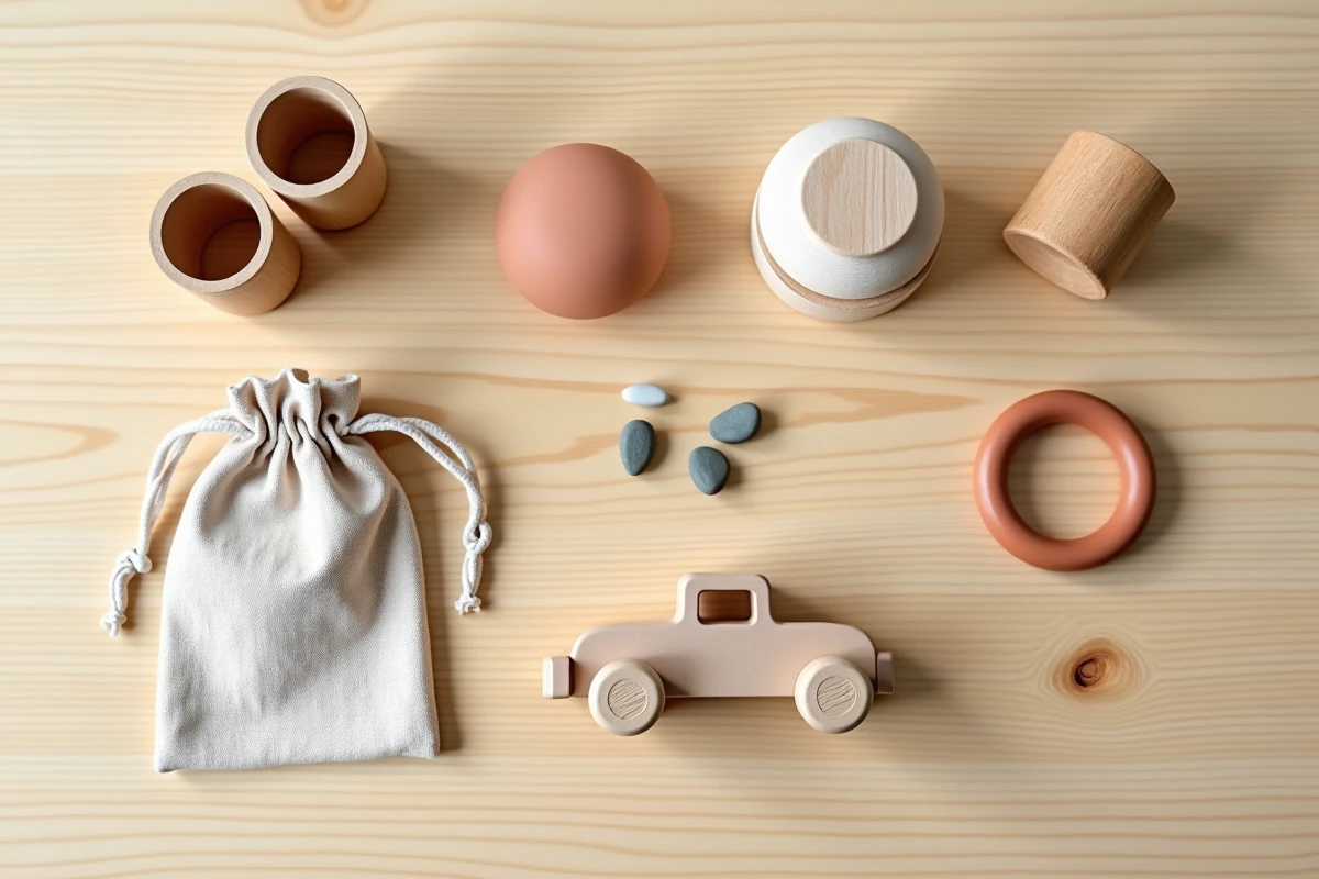 Sélection de jouets Montessori pour bébé de 1 an disposés en flat lay sur une table en bois clair