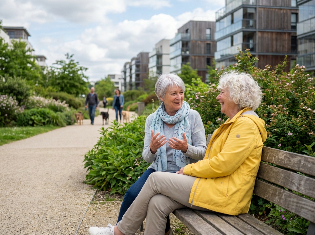 Deux femmes seniors discutent dans un parc de Rennes