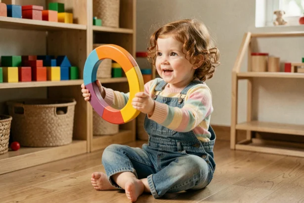Petite fille tenant une forme ronde en bois colorée lors d'un jeu éducatif sur les formes et les couleurs