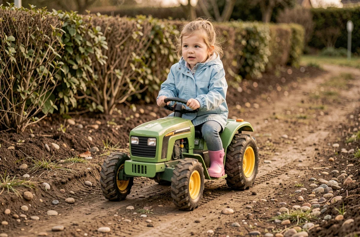 Petite fille pilotant un tracteur jouet électrique vert sur chemin de terre dans un jardin semi-rural