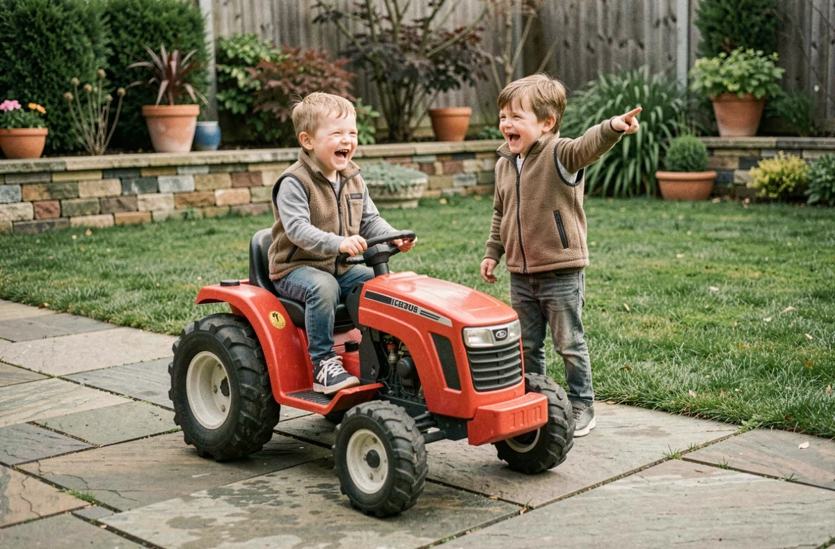 Deux enfants jouant avec un tracteur électrique jouet rouge sur terrasse et gazon dans un jardin familial
