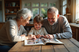 Trois générations de famille autour d'une table ensoleillée