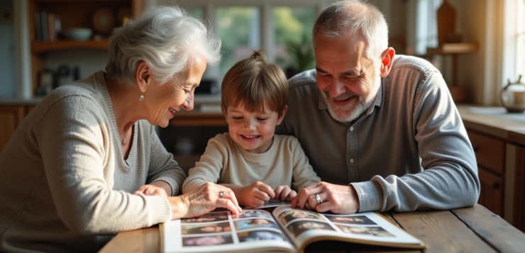 Trois générations de famille autour d'une table ensoleillée