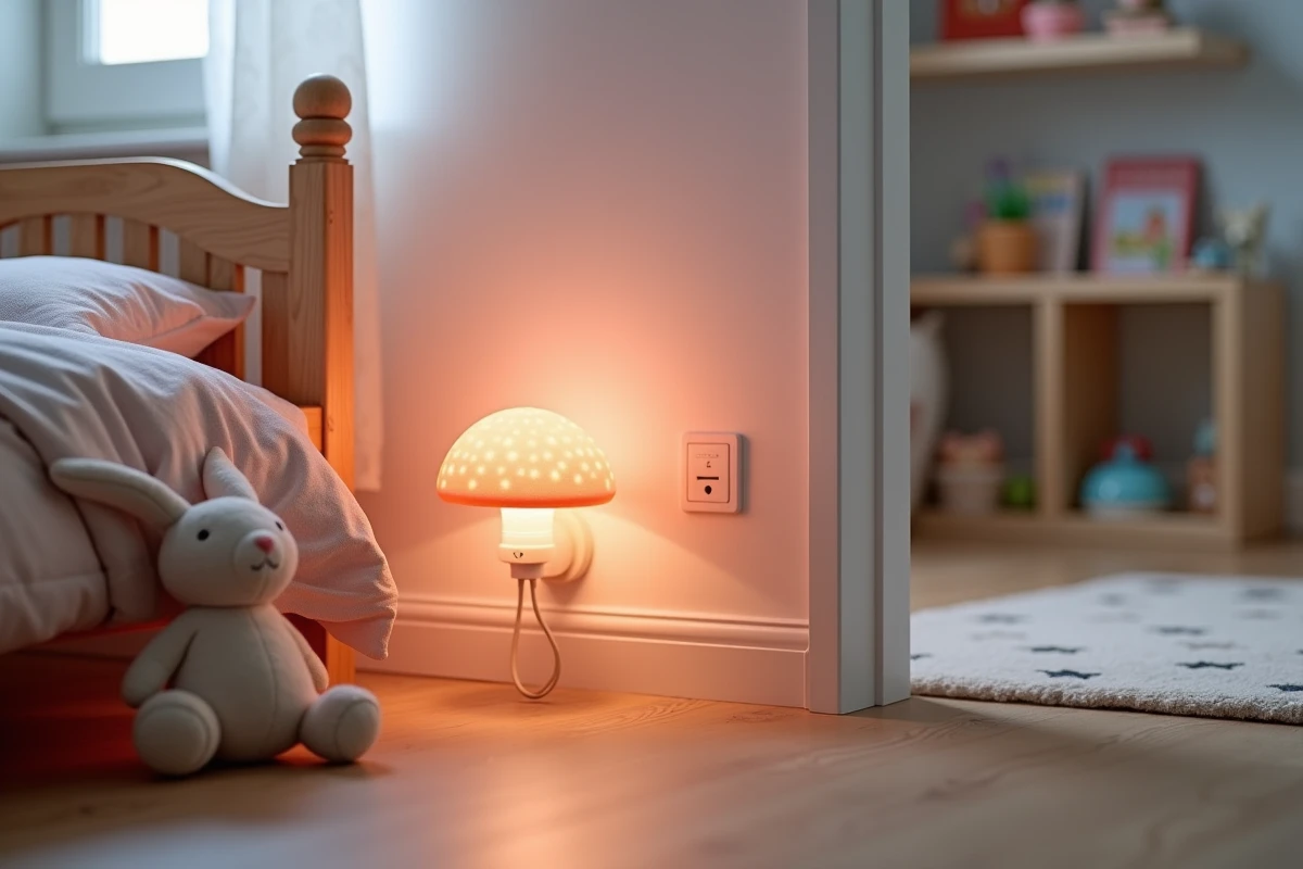 Veilleuse en forme de champignon branchée dans une chambre d'enfant doucement décorée avec jouets et livres