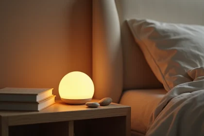 Veilleuse douce posée sur une table de chevet minimaliste dans une chambre apaisante aux tons beige et bois
