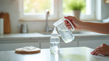 Main d'un parent versant 60 cl d'eau dans un biberon bébé