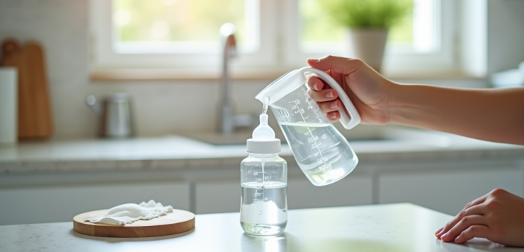 Main d'un parent versant 60 cl d'eau dans un biberon bébé