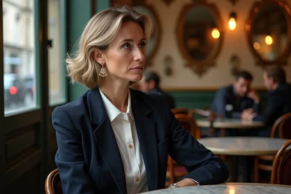 Femme au café regardant de côté avec une expression réservée, illustrant la notion de vie privée et d'intimité