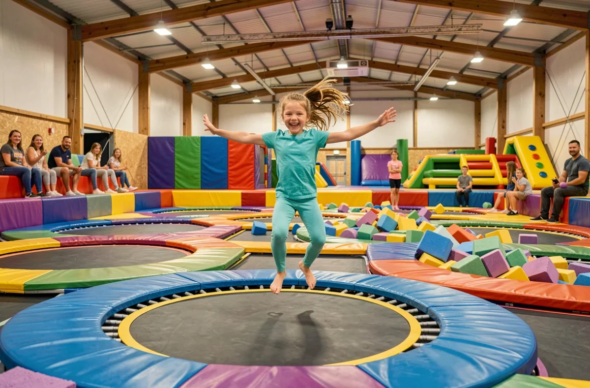 Jeune fille sautant sur un trampoline dans l'aire de jeux couverte Youpi Parc à Cholet
